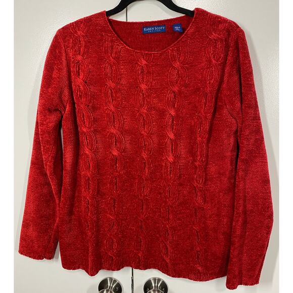 Karen Scott Petites Round Neck Cable Knit Red Acrylic Sweater Size PL - Picture 5 of 8